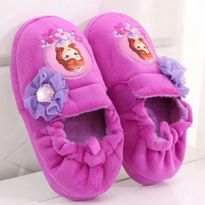 New Autumn Winter Disney Baby Girls Cotton Slippers Princess Cartoon Sofia Print Children Soft Indoor Anti Slip Kids Home Shoes