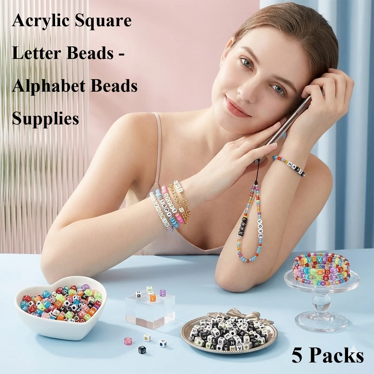 

5 упаковок квадратных акриловых бусин с буквами – алфавитные бусины для DIY изготовления украшений и рукоделия, 5мм (200шт/упак) / 6мм (100шт/упак)