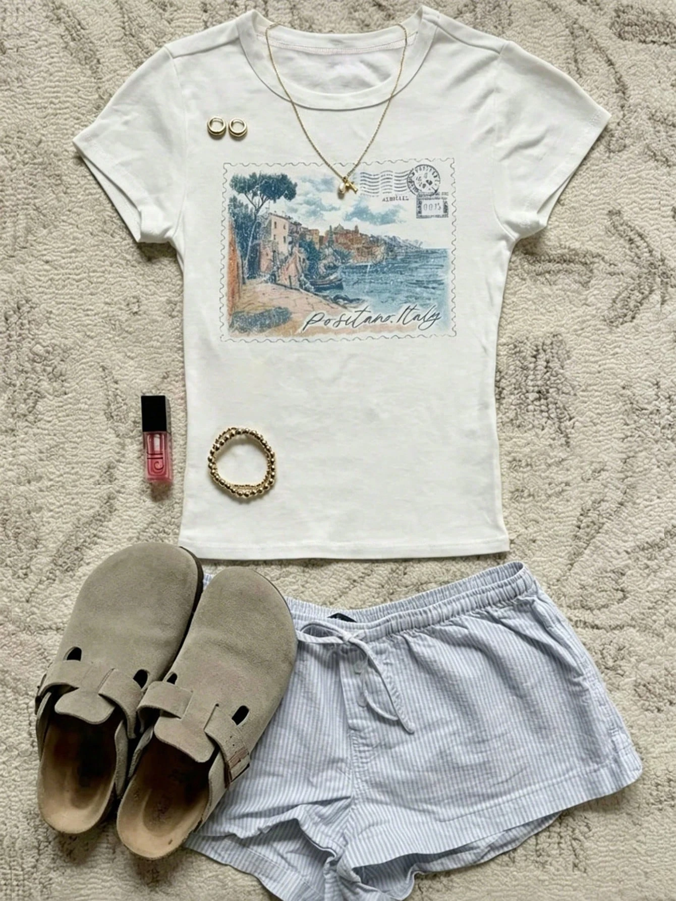 Women's Crop Top Positano Italy Vintage Stamp Coastal Town Print Slim Fit Short Sleeve T-Shirt