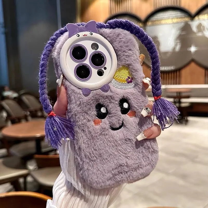 

Корейский милый мультяшный фиолетовый женский зимний меховой чехол для телефона iPhone 15 14 13 12 11 Pro max теплая плюшевая защита мягкая задняя крышка