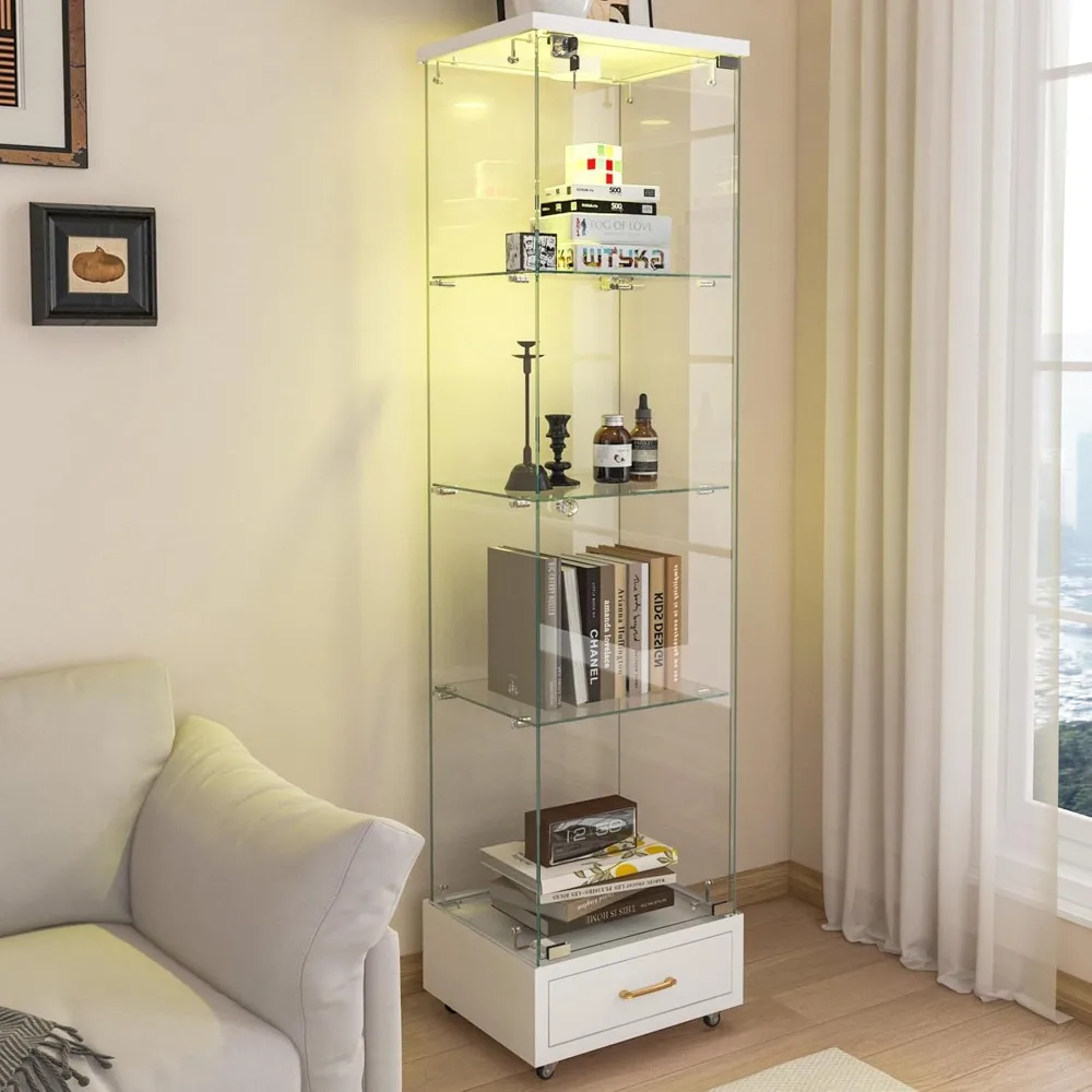 Glass Display Cabinet with 4 Shelves, LED Lights, Drawer, and 1 Door Curio Cabinet with Glass Floor on Wheels