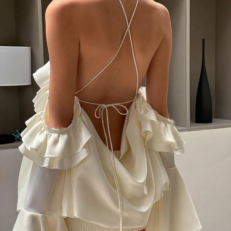 WhereMery – robe élégante française, épaules dénudées, bord feuille de Lotus, manches évasées, Sexy, soirée, boîte de nuit, Y2K, nouvelle collection 2024