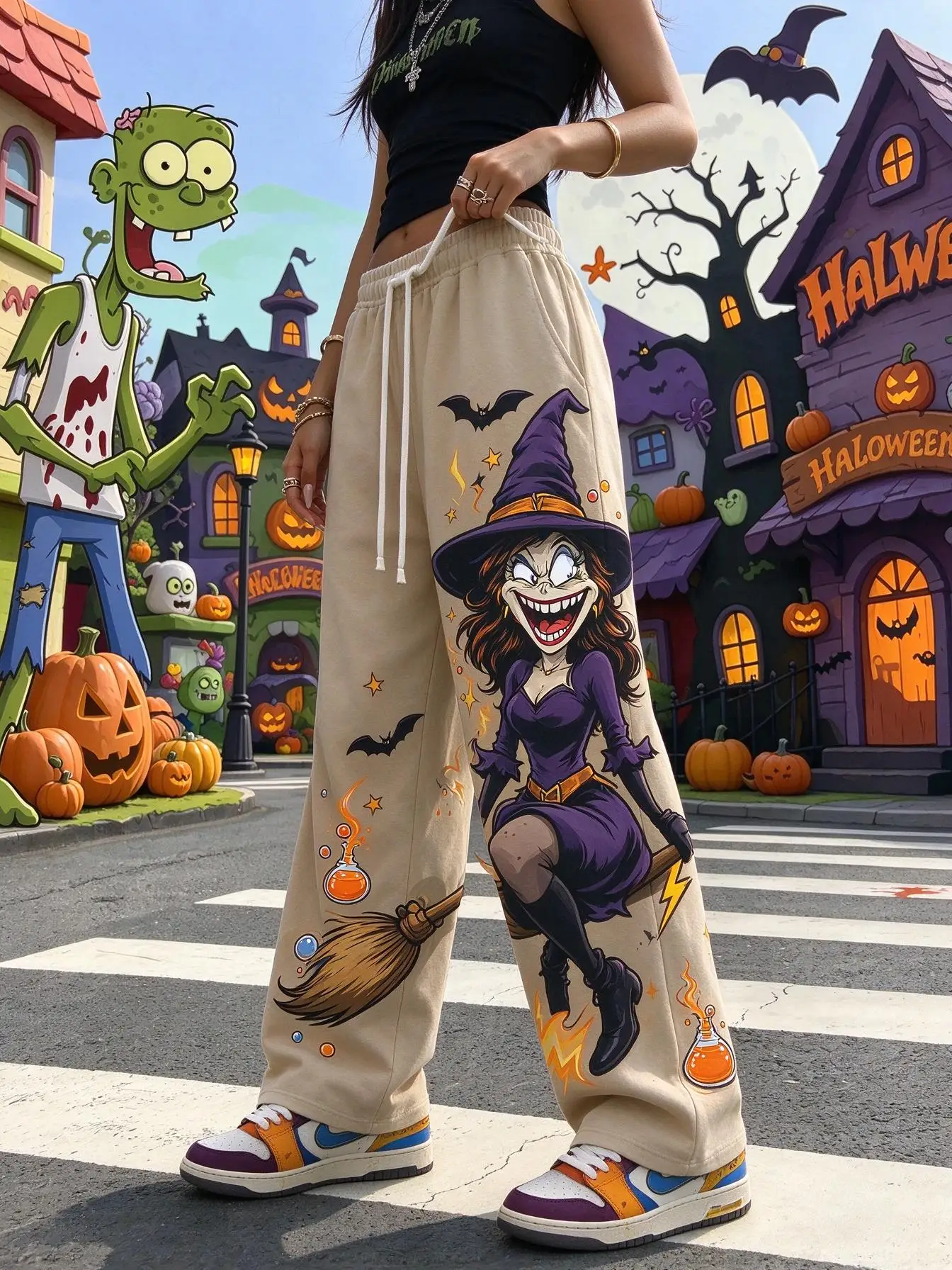 Low Waist Drawstring Wide Leg Trousers For Women, Halloween Zombie Witch Cartoon Print Loose Street Sweatpants
