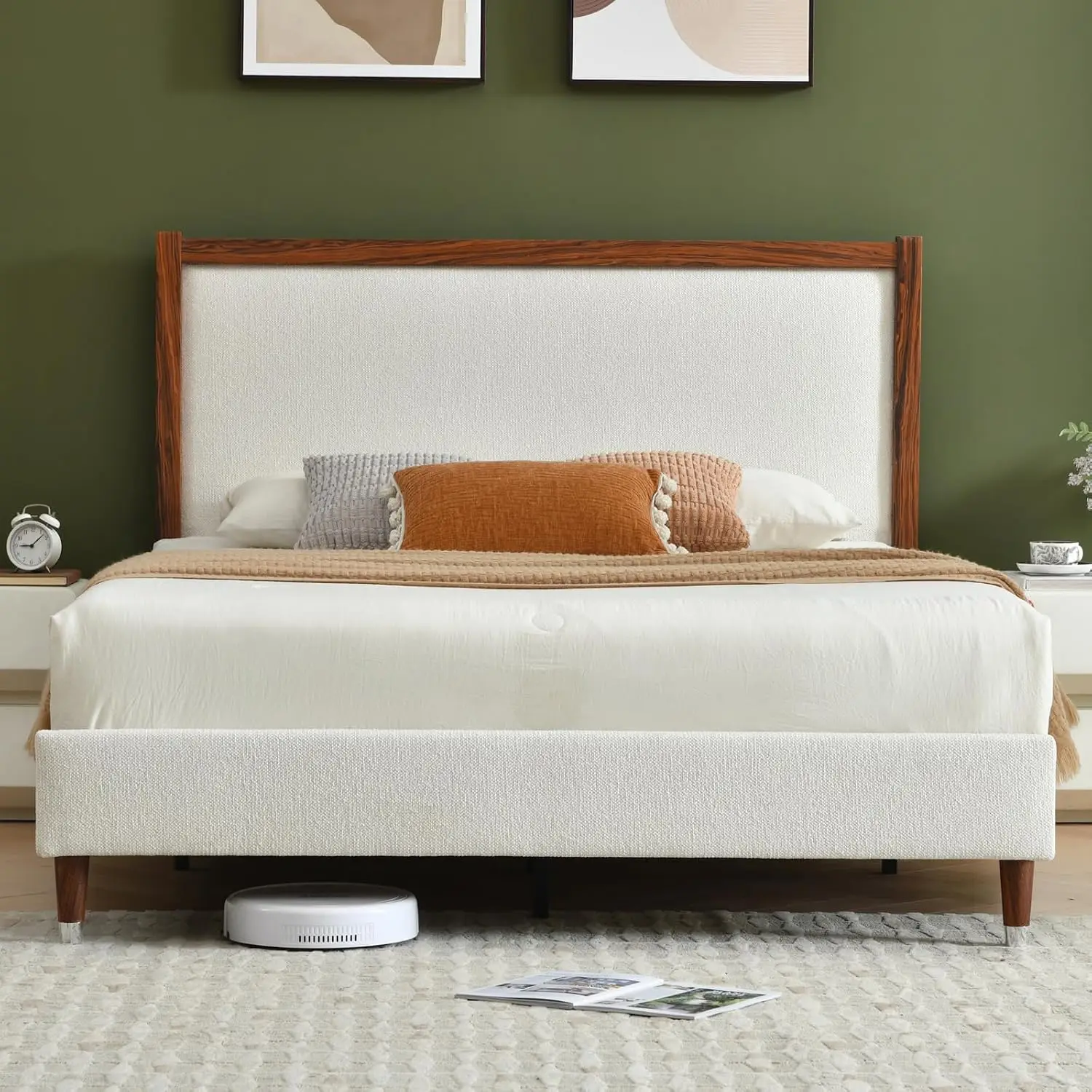 Queen Size Upholstered Platform Bed Frame with Wood Trim Headboard | Cream Queen bed frame/Linen Fabric, Customized - view 3