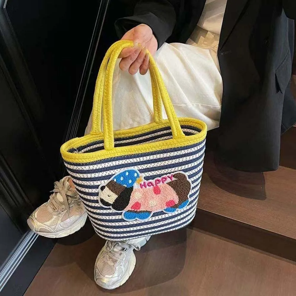 Large Capacity Dachshund Stripe Woven Tote Lightweight Contrast Color Dopamine Basket Bag Cartoon Underarm Pouch