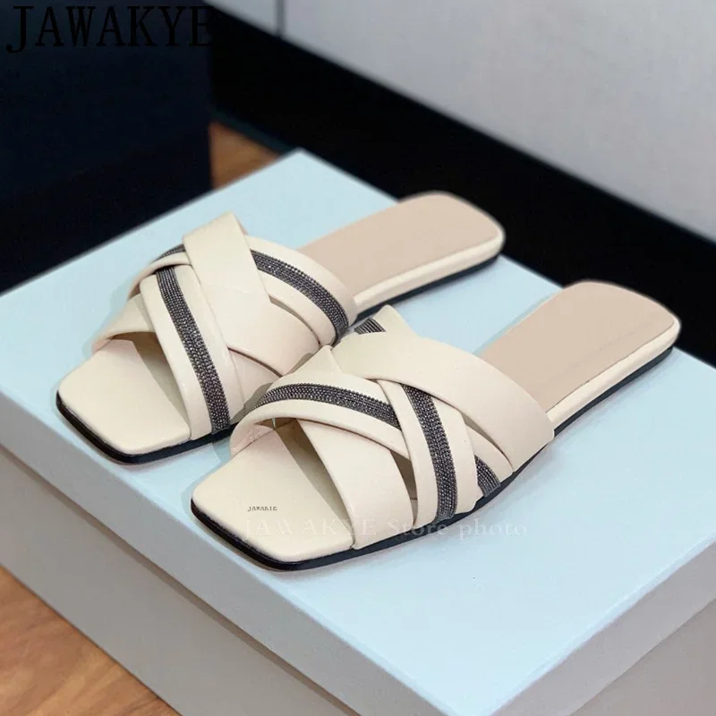 2024 New Square Open toe Flats Slippers Women Casual Beach Mules Slippers Summer Simple Comfortable Real Leather Slippers Woman