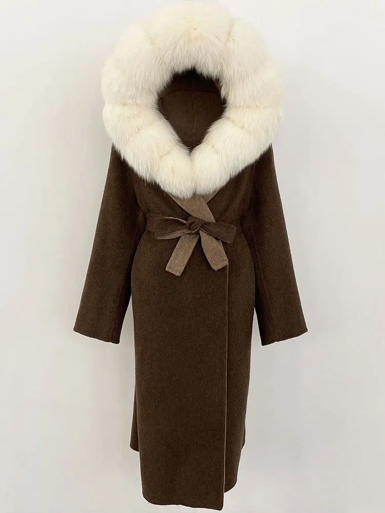 

Women New Winter Hooded Detachable Collar Fur Wool Clothes Long Woolen Jacket Real Natural Fox Fur Coat Casual Overwears