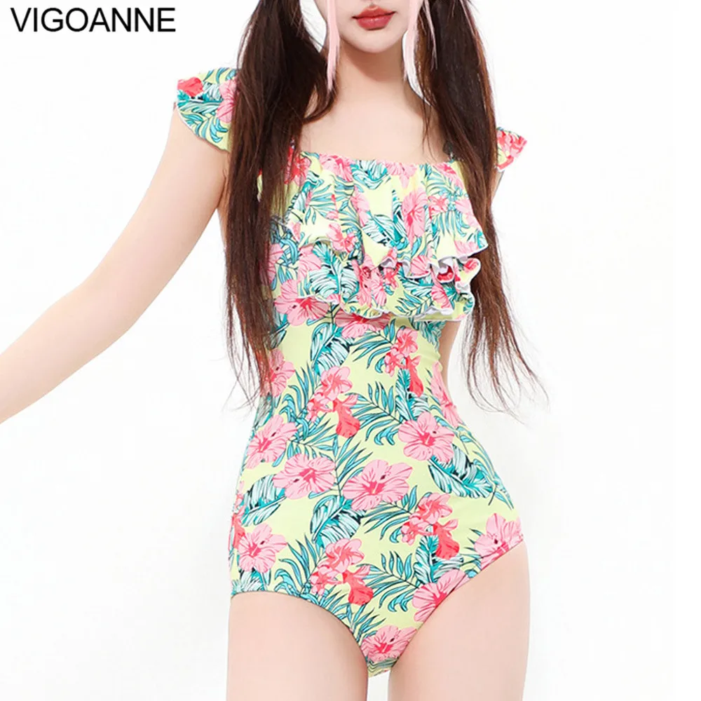 VigoAnne 2024 Print Verge Strapped Swimwear Women Push UP One Piece Swimsuit Korean Closed Monokini Backless Cross Bathing Suit