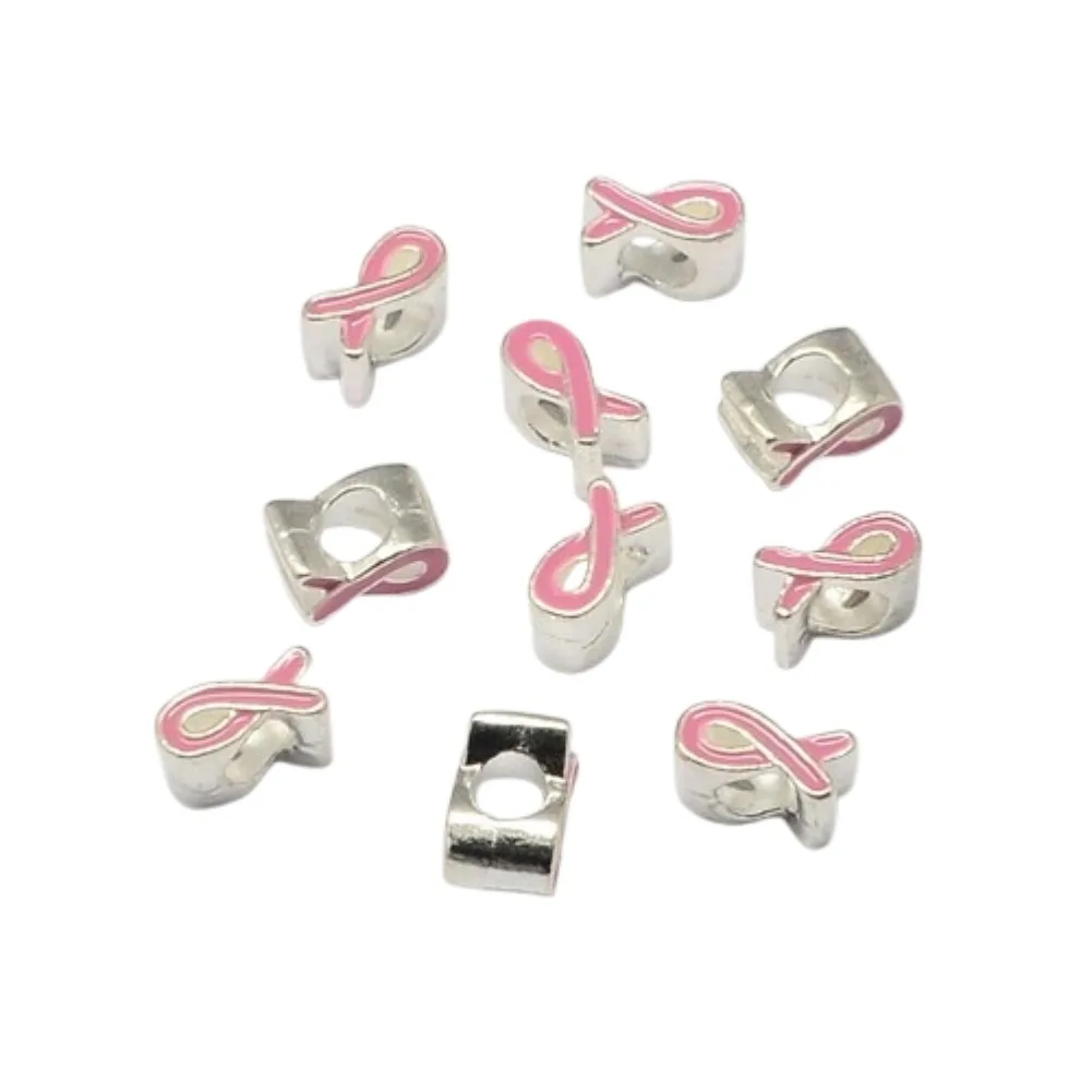 

Small Riband Enamel Large Hole European Bead Awareness Ribbon Silver Color Plated Snake Chain Bracelet DIY Jewelry Bead 11x6x8mm
