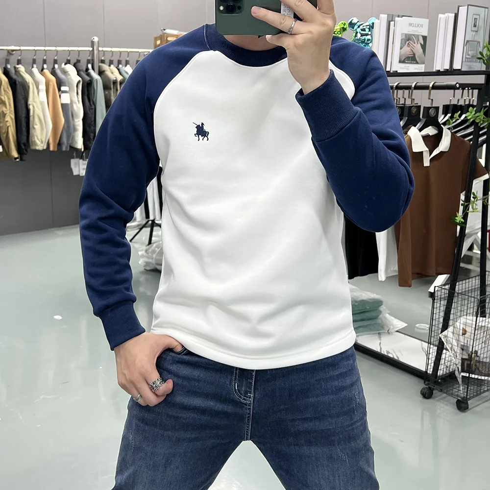 

Men's Velvet Pullover Winter New Plush Warm Sweatershirt Splicing Color Round Neck Horse Interior Tops Causal Simple Clothing