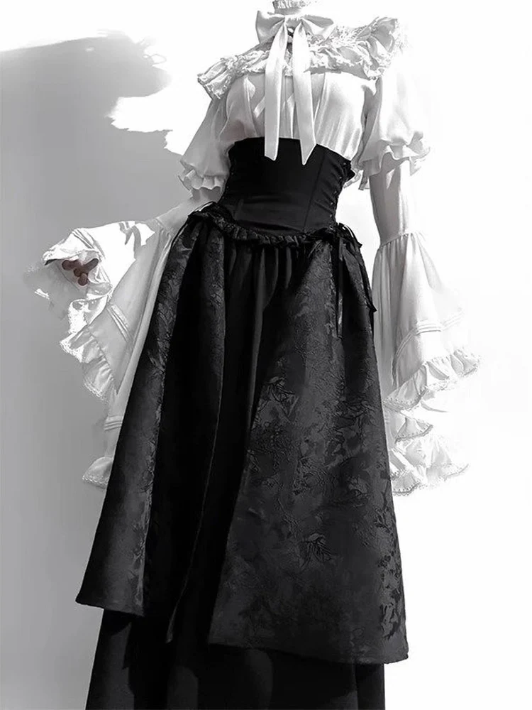 Gothic Lolita Long Skirt Set Women's High Waist Shirt Sleeve Elegant Vintage Style Spring Fashion Outfit Dark Theme view 2
