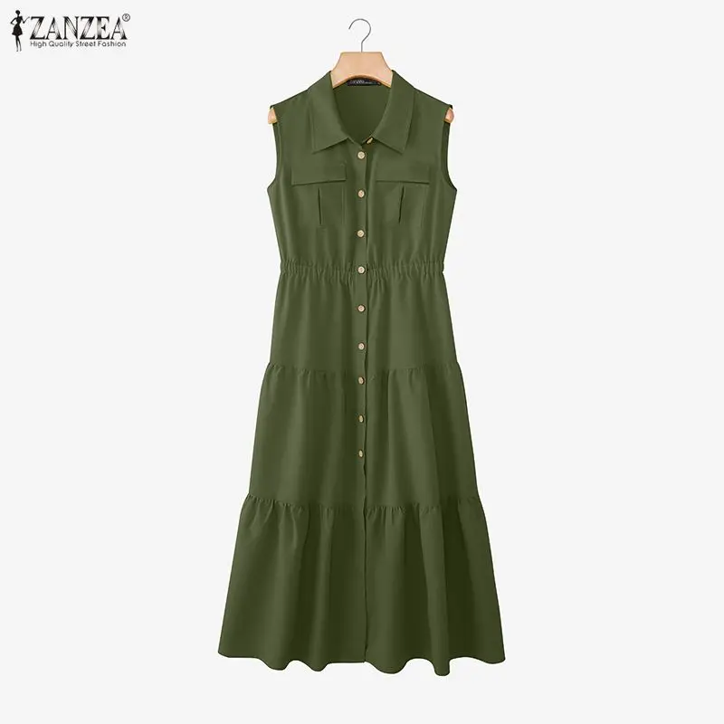 

Женские повседневные платья макси с эластичной резинкой на талии, с отложным воротником, без рукавов, на пуговицах, платье-рубашка ZANZEA, летние минималистичные платья для женщин