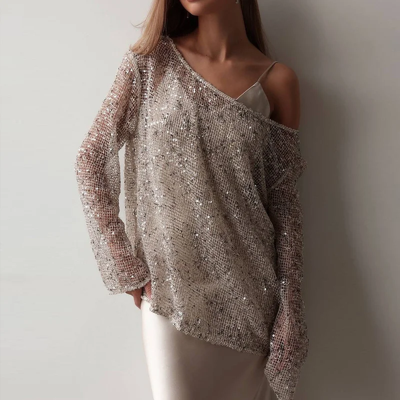 

Ladies Diagonal Collar Sequin Knitted Top Sexy Hollow Out Long Sleeved Loose Pullover New 2025 Autumn Solid Color Casual Blouses