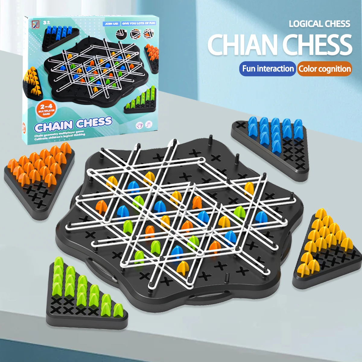 Chain Triangle Chess Game, Family Fun Night Chess Set Geoboards with Rubber Bands, Triggle Elastic Band Game for Kids & Adults