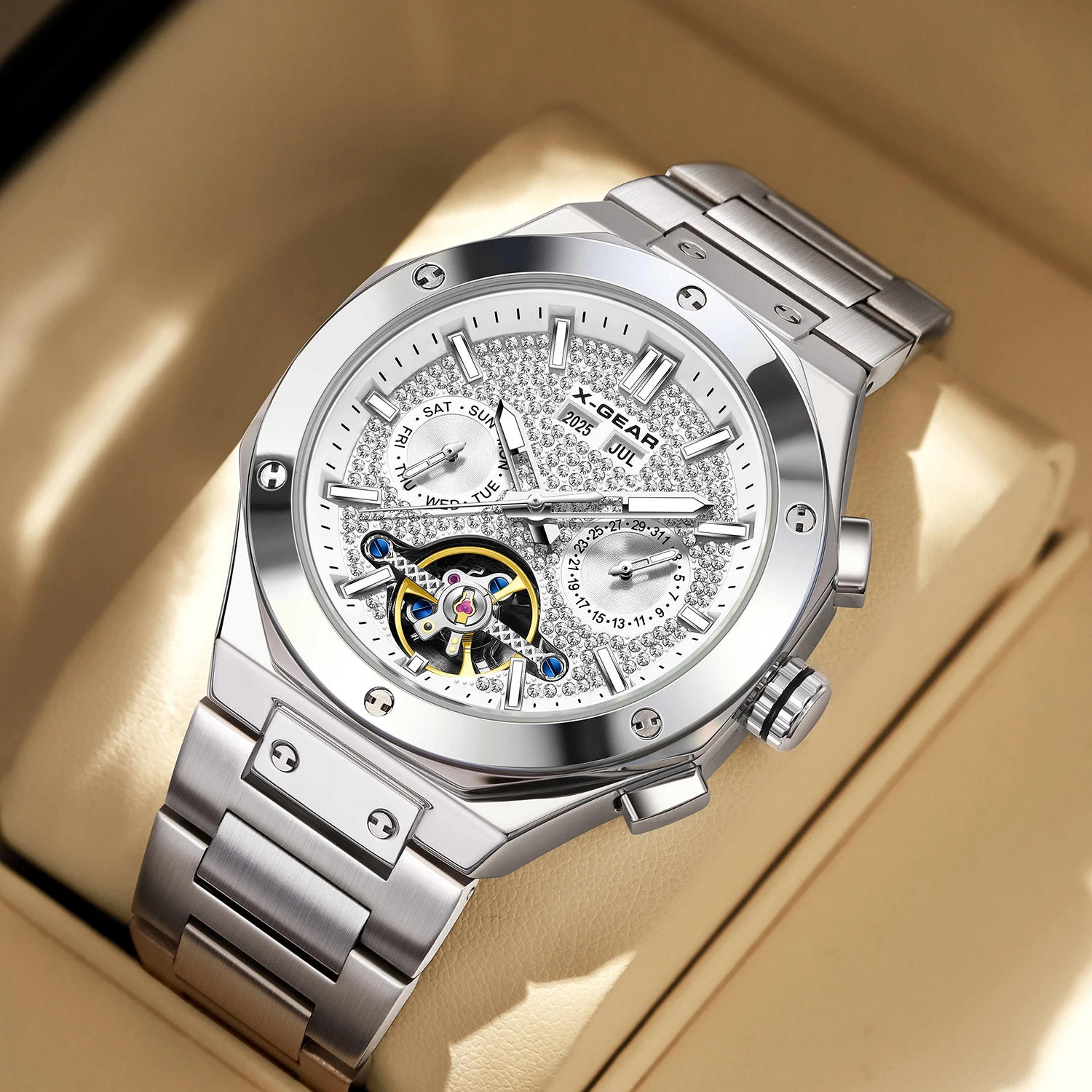 

X-GEAR Men's Tourbillon Automatic Mechanical Watch with Diamond Dial Waterproof Luminous Luxury Watch