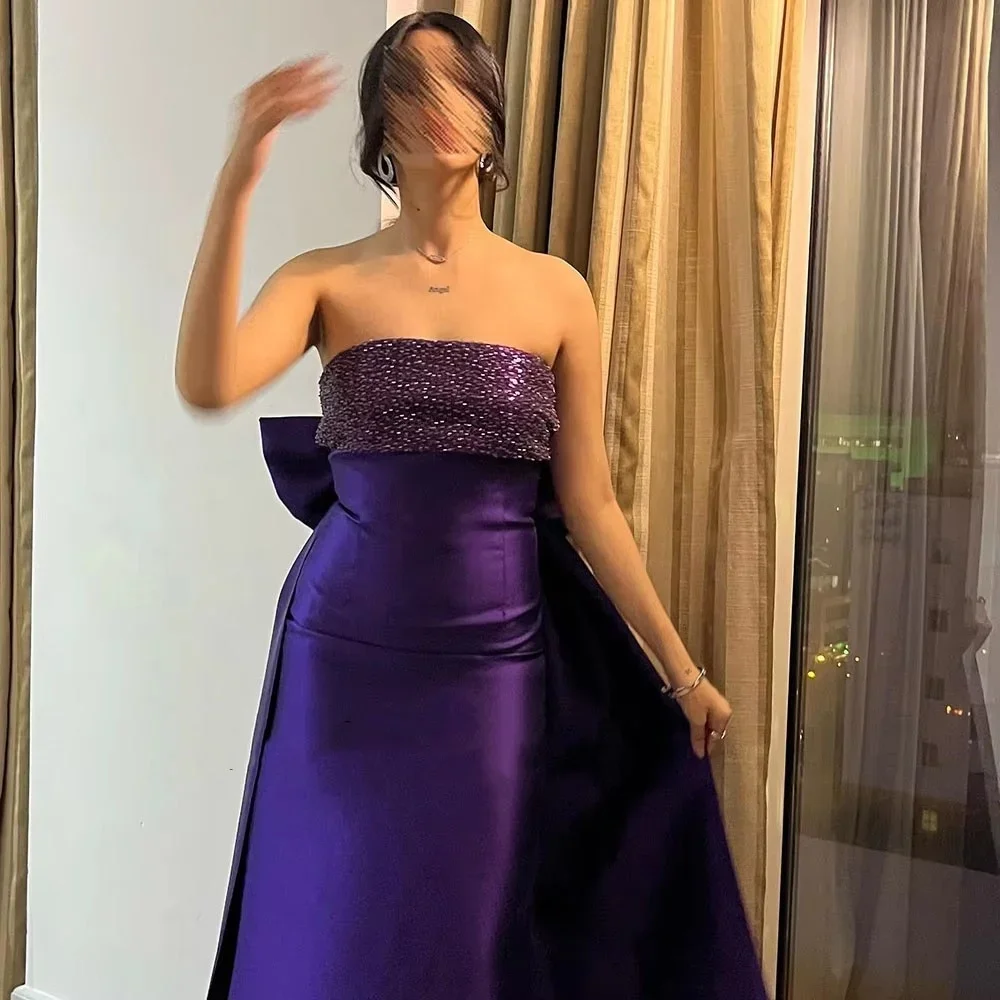 Suknia wieczorowa z fioletowego satyny na zamówienie, zdobiona koralikami, bez ramiączek, długa do podłogi, z odkrytymi plecami i kokardą, suknia na studniówkę, suknie na specjalne okazje.