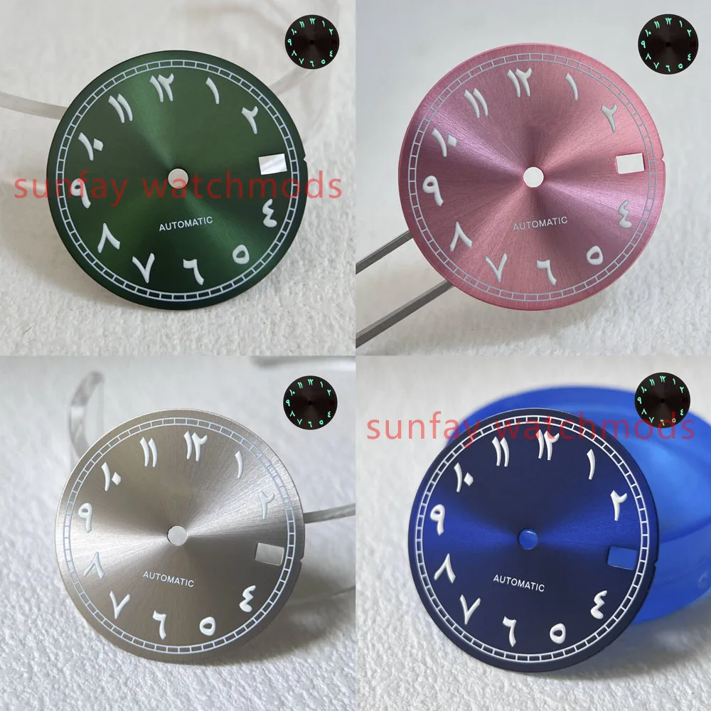 NH35 Esferas de uñas árabes luminosas verdes, accesorios de reloj personalizados, 28,5mm