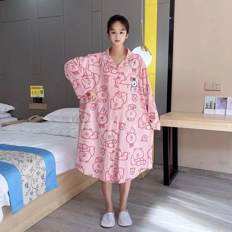 Women Autumn Loose 150kg Cotton Blend Long-Sleeve Pajama Sleeping Shirt Dress Fat Female Clothing Oversize Add Large Size Dress