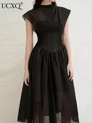 UCXQ Elegant Evening Dress European Style O Neck Pleated Sheer Sleeveless Fashion Black Dresses Women 2024 New Spring Summer 863