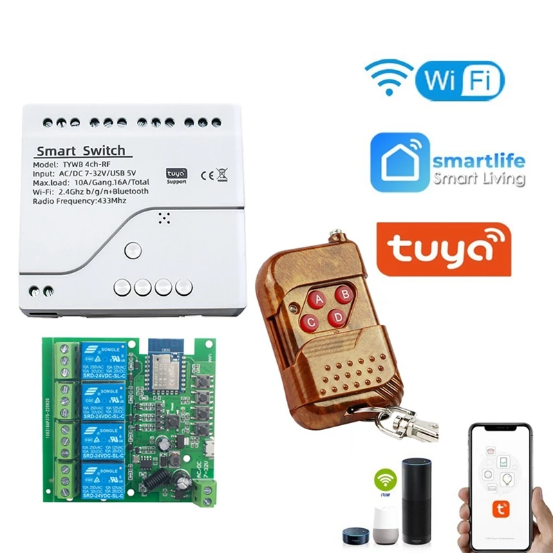 Tuya Smart Switch Wifi DIY Timer+Remote AC/DC 7-32V 4CH RF Smartlife Home Automation Module For Alexa Google Home Spare Parts