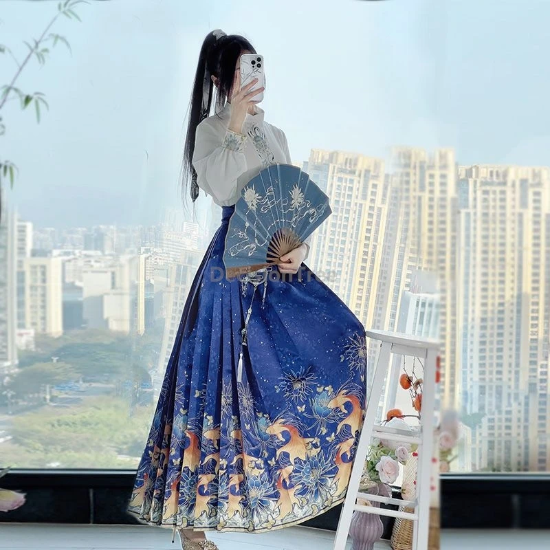 Woman Ming Dynasty Hanfu Set Horse Face Skirt Chinese Traditional Hanfu Costume Stand Collar Vintage Pleats Skirt