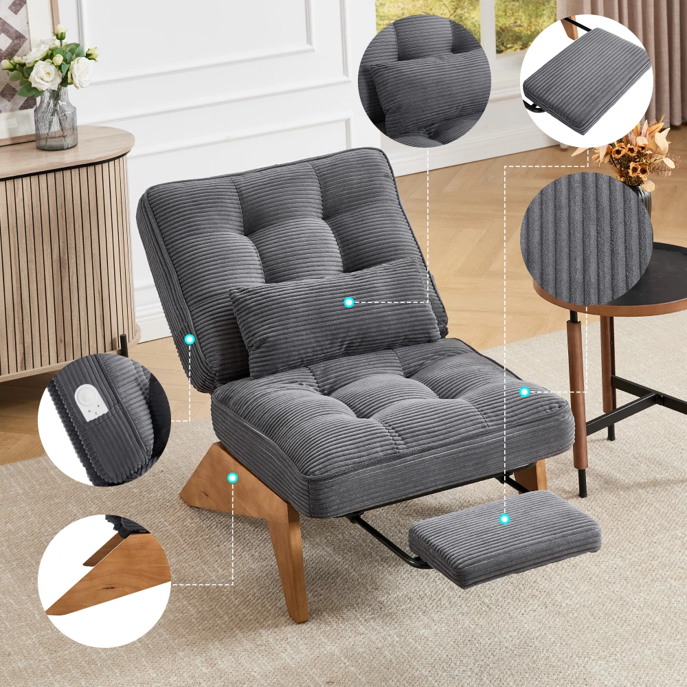 Poltrona lounge moderna in tessuto, senza schienale, regolabile, con poggiapiedi, cuscino lombare e gambe in legno, in velluto grigio, ideale per arredare la casa, il soggiorno, la camera da letto, lo