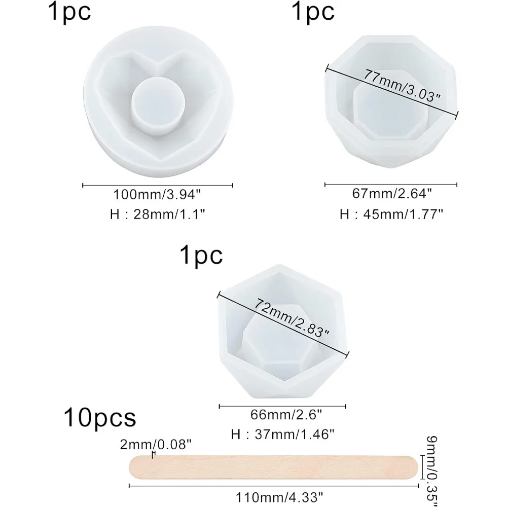 3pcs White UV Resin Silicone Molds Heart Hexagon and Octagon Epoxy Resin Casting Mold Jewelry Mold Kits with 10pcs Birch Wooden