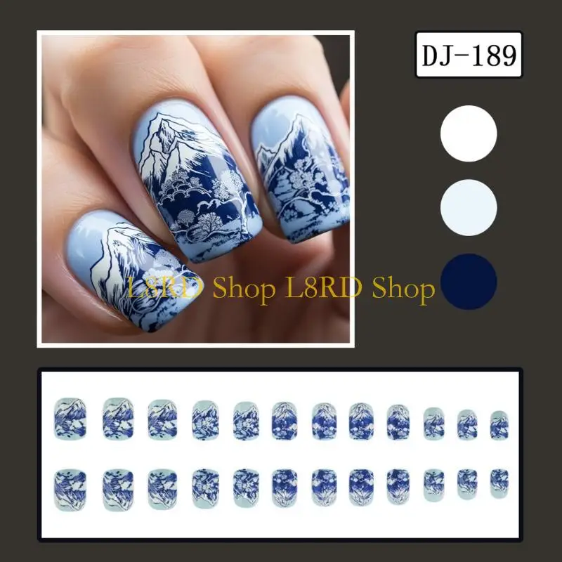L8RD 24 قطعة اضغط على الأظافر الصناعية ذات الألوان المائية الصينية لفافات الأظافر لعشاق الموضة #5