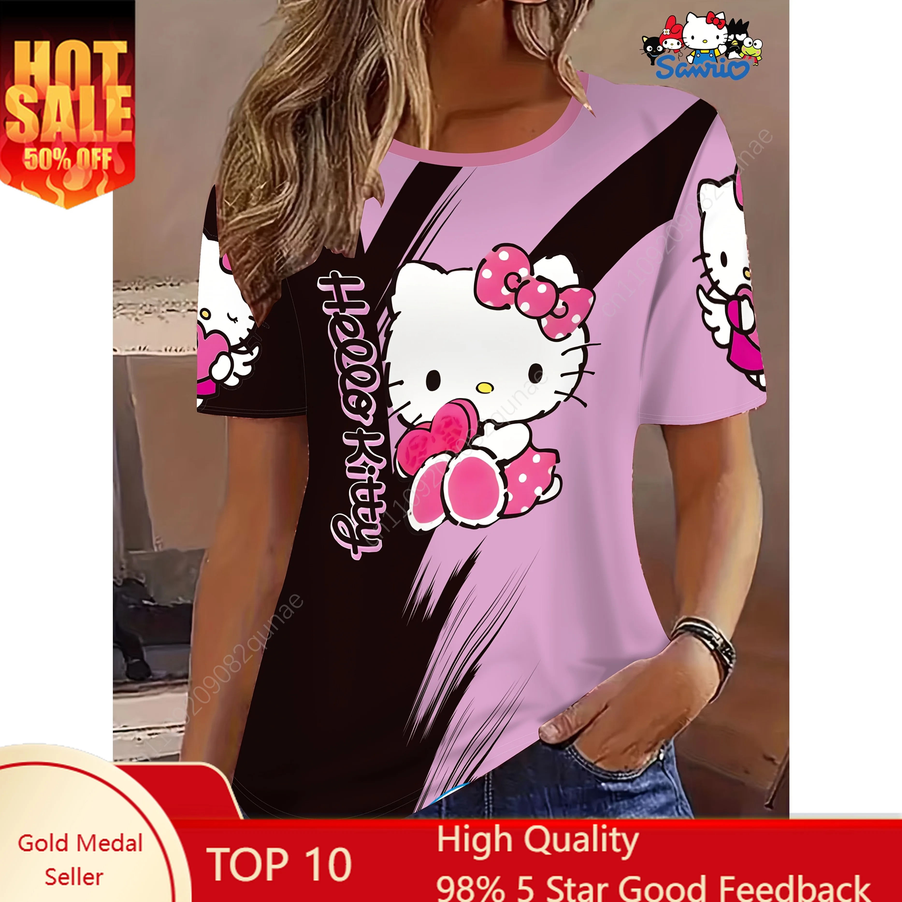 

Women Girl Sanrio Hello Kitty Short Sleeve Print Elegant Vacation Style Round Neck T-Shirt Mother-Daughter Matching Outfits