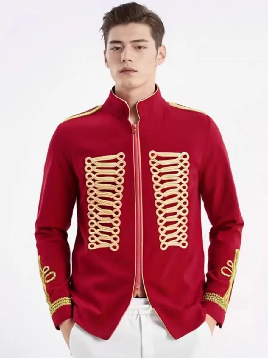 Chinese Style Gold Rope Lace Decoration Suit Jacket Wedding Host Stage Outfit Male Singer Performance Clothing Model Photo