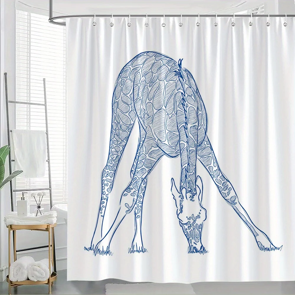 1pc Blue Line Giraffe Shower Curtain - Detailed Digital Art Design, Intricate Coat Pattern, Stylish Home Bathroom Decor, 70.8x70
