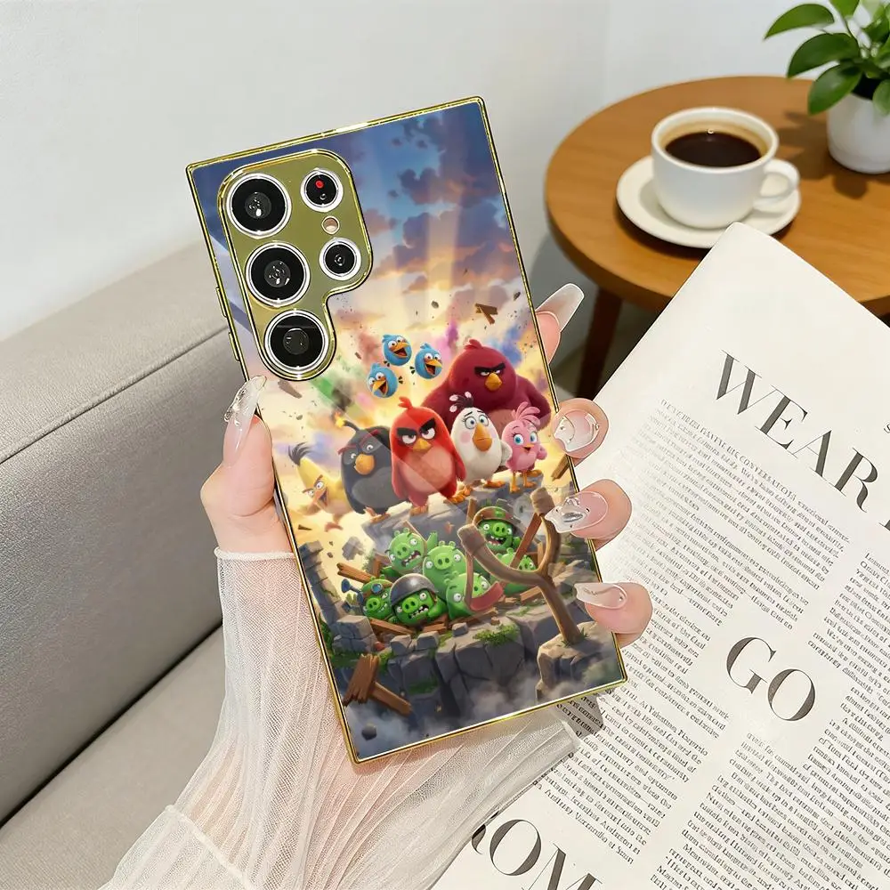 A-Angry B-Birds Phone Case Luxury Electroplated Metal Frame Phone Case for Samsung S25 S24 S23 Ultra Slim Cover