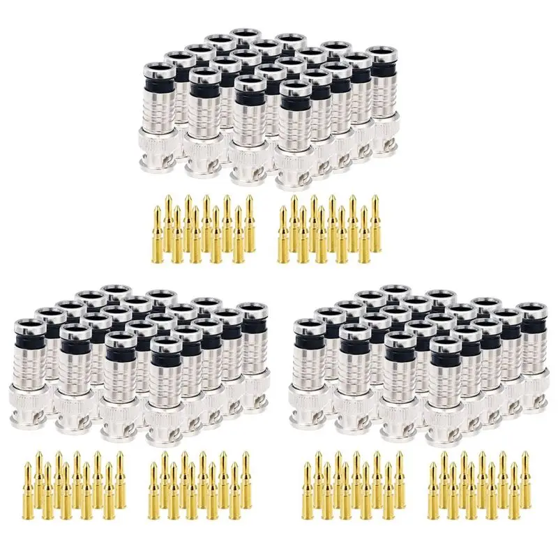 

Solid 60 Pcs BNC Compression Connector 75 Ohm Coupler With Copper Pin For RG58-59 Crimper Video Plug Extension Coaxial Cable