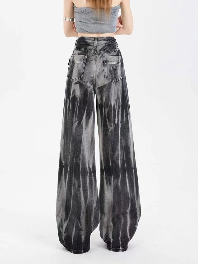 

American Goth Black Tie-dye Jeans Women Wide-leg Comfortable Casual Spicy Girl Straight 2025 New Y2K Vintage Baggy Jean Hombre