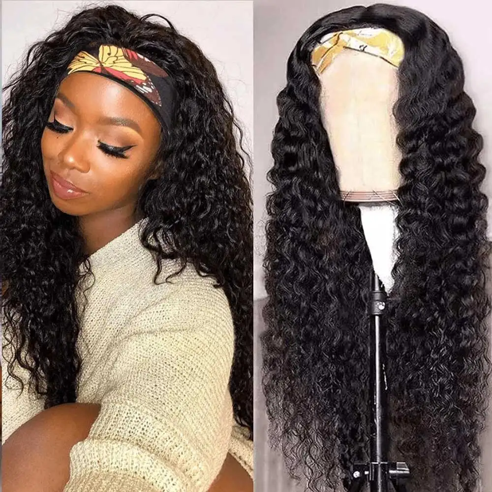 ディープウェーブヘッドバンドウィッグ 100%バージン人毛ウィッグ 既製品 グルーレス キンキーカールウィッグ フルマシンメイドウィッグ 200%デスティニー