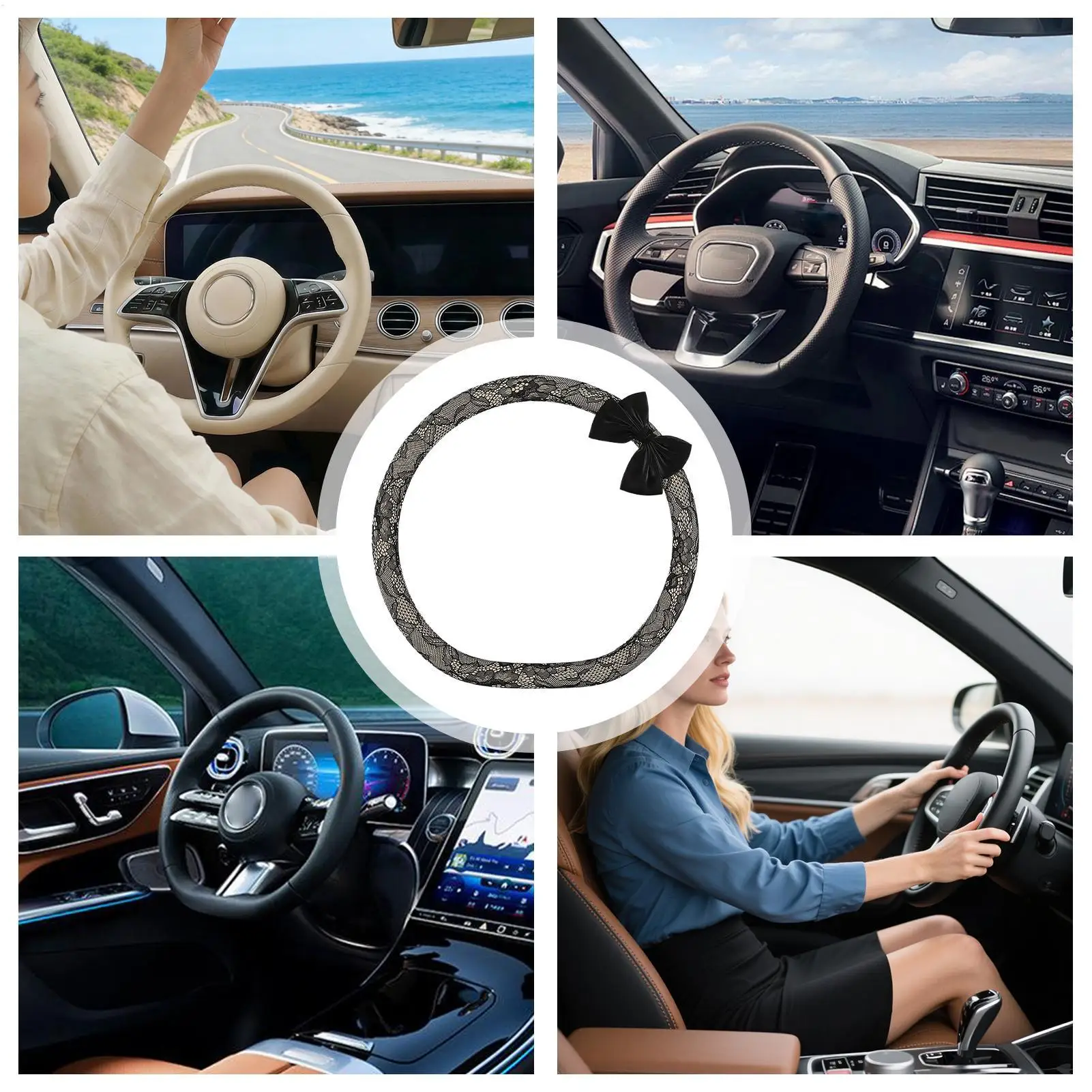 Lace Steering Wheel Wrap 15 Inch Anti-Slip Bow Design Auto Steering Wheel Protector For Women Ladies Wives Drivers Trucks Sedans