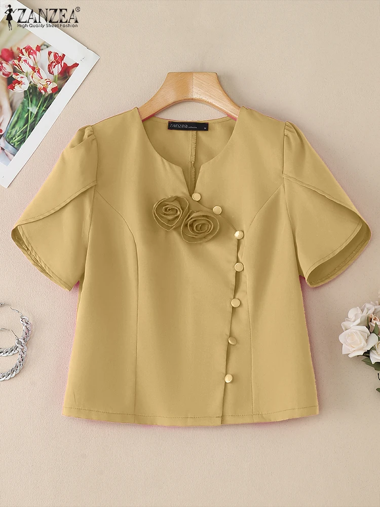 

ZANZEA Women Classy Fabric Flowers Party Blouses Stylish V-Neck Petal Sleeve Button Up Shirts 2025 Summer Elegant Blusas Mujer