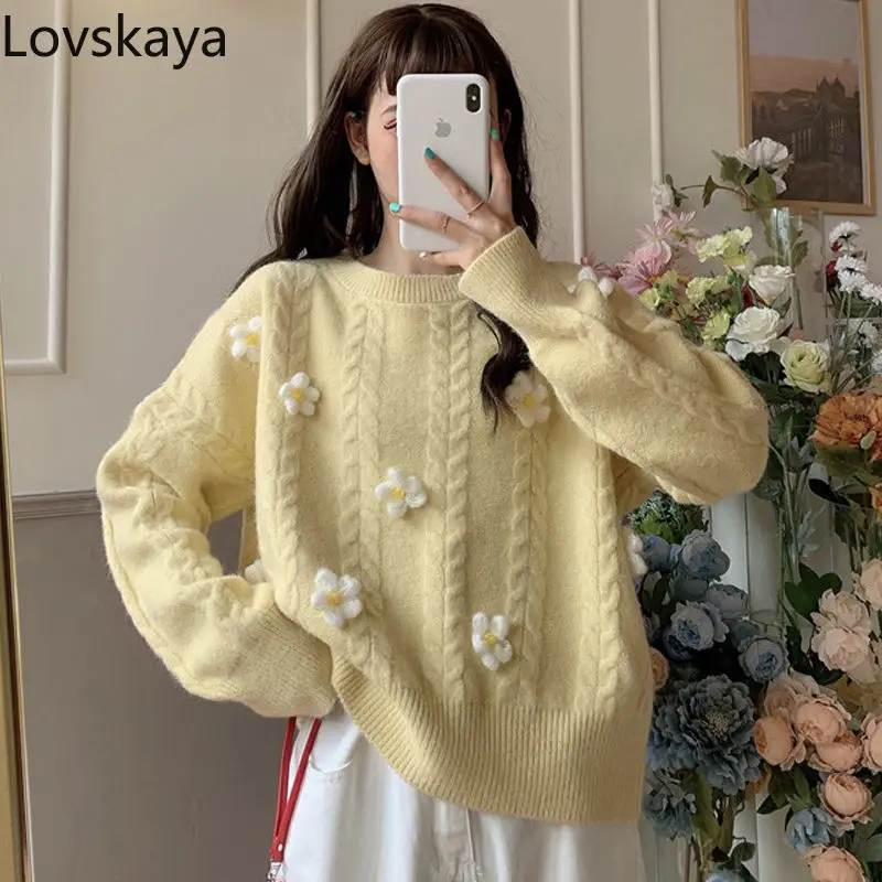 New Sweater Women's Handmade Three dimensional Small Flower Gentle Wind First Love Fried Dough Twists Knit