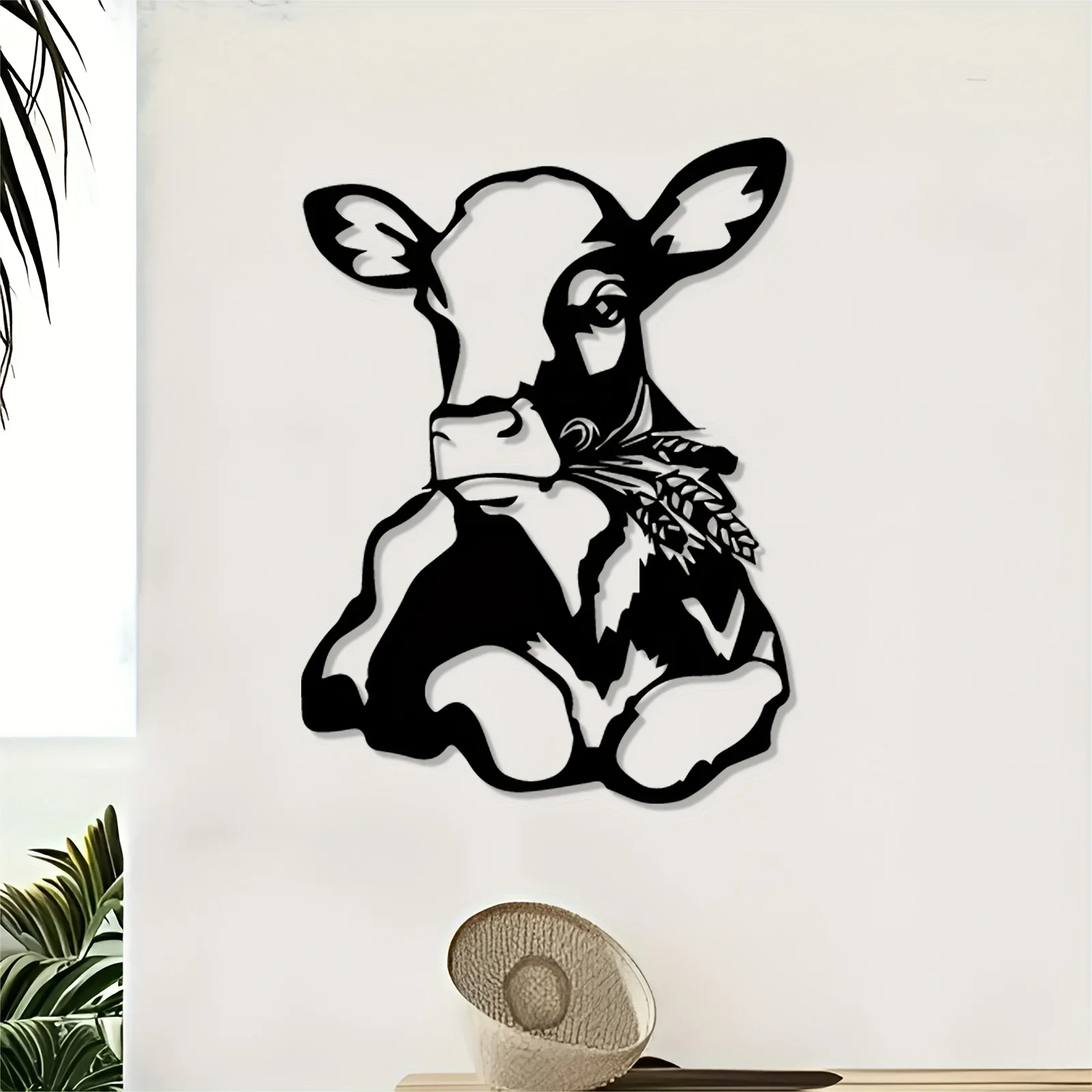 1pc Vintage Iron Metal Wall Art - Rustic Calf with Wheat Ears Statue Mural, Black & White Farmhouse Decor for Indoor/Outdoor