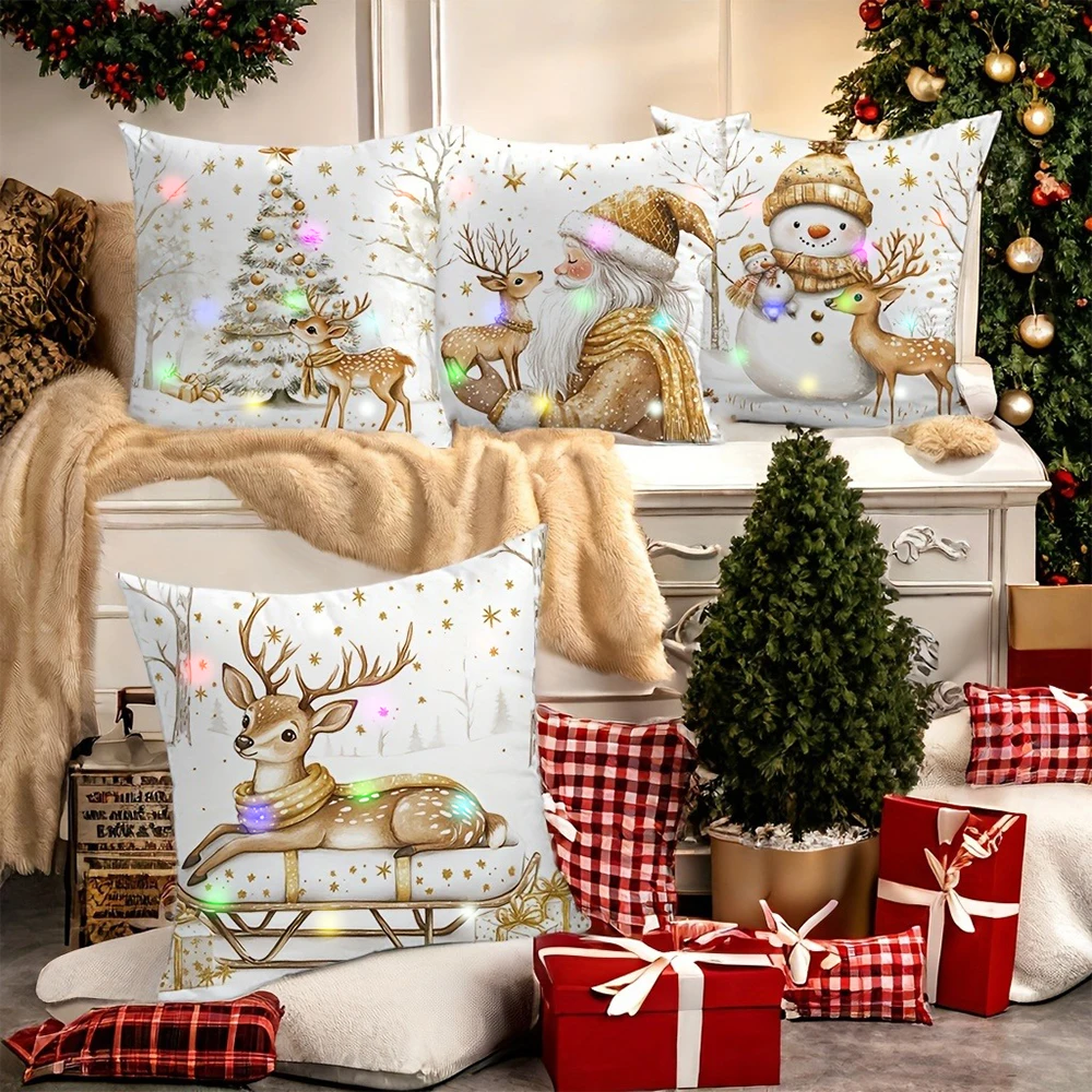 LED light luminous pillowcase, snowman Santa Claus and reindeer pattern design, suitable for Christmas Day party home decoration