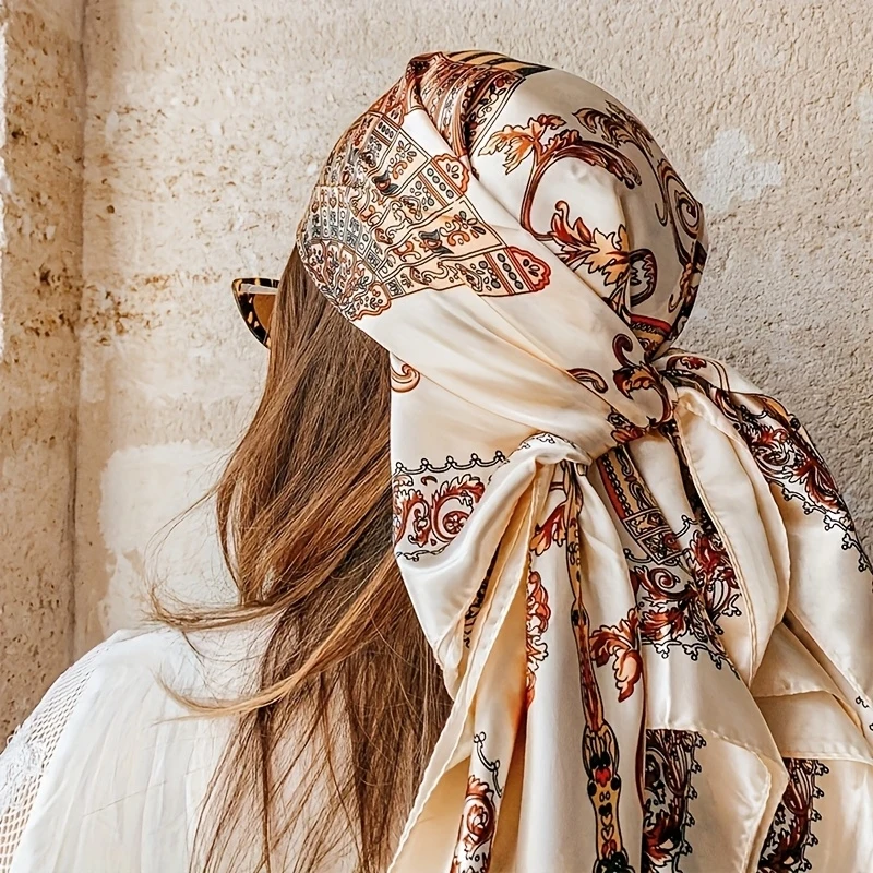 3PCS Graceful Floral Print Square Scarf 35.43 inch Large Handkerchief Exquisite Golden Design Soft Daily Wear Travel Additions