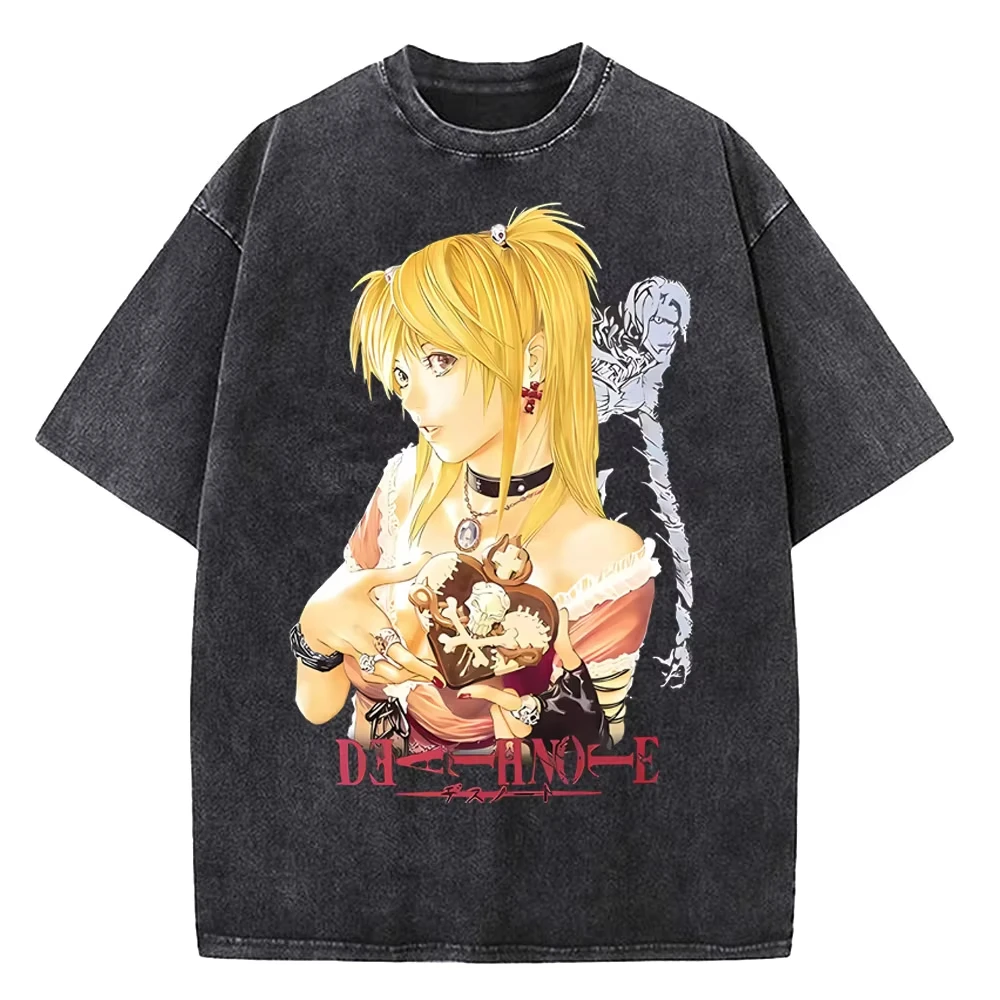 Harajuku Vintage Washed Death Note T Shirt High Street Tops Anime Graphic Printing Tops Cotton Y2k Oversized Streetwear Unisex