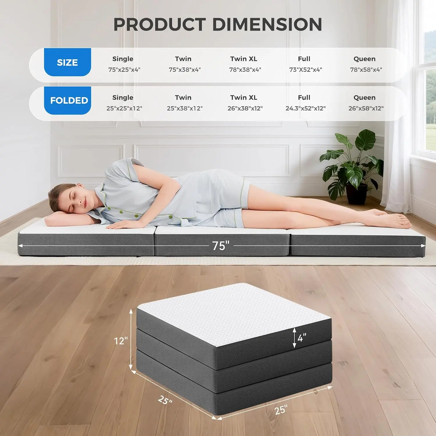 MASVIS Trifold Mattress, 4 Inch Memory Foam Foldable Mattress with Washable Cover, Tri-Folding Floor Bed for Camping, Single
