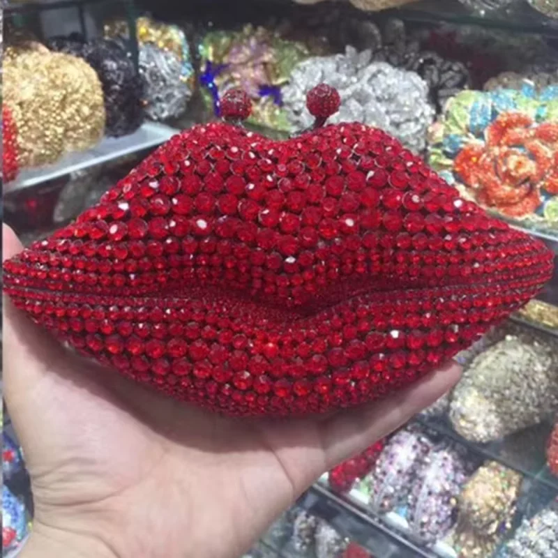 Red Mouth Lips Diamond Evening Clutches WHTUOHENG Crystal Wedding Bridal Handbags Fashion Ladies Rhinestone Party Purses Minaudi