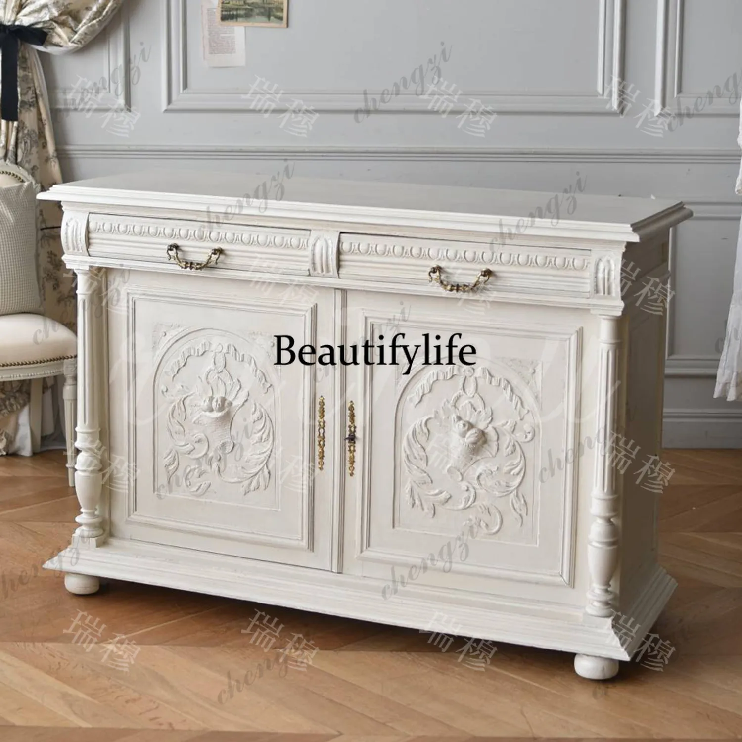 French three-dimensional carved solid wood dining side cabinet American retro storage cabinet