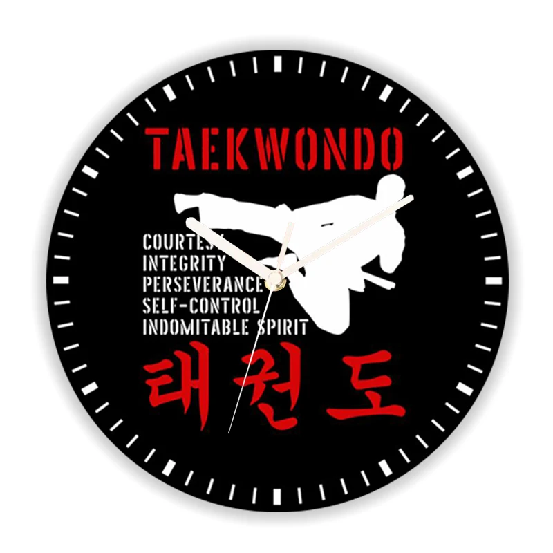 Black Martial Arts Karate Taekwondo Tenets Wall Clock for Living Room Boy Kid Bedroom Athelete Kickboxing Large Wall Watch Decor