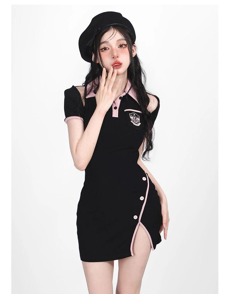 Hot Girl Korean Dresses Women Streetwear Clothes Embroidery Polo Short Sleeved Bag Hip Black Summer Mini Dress Women