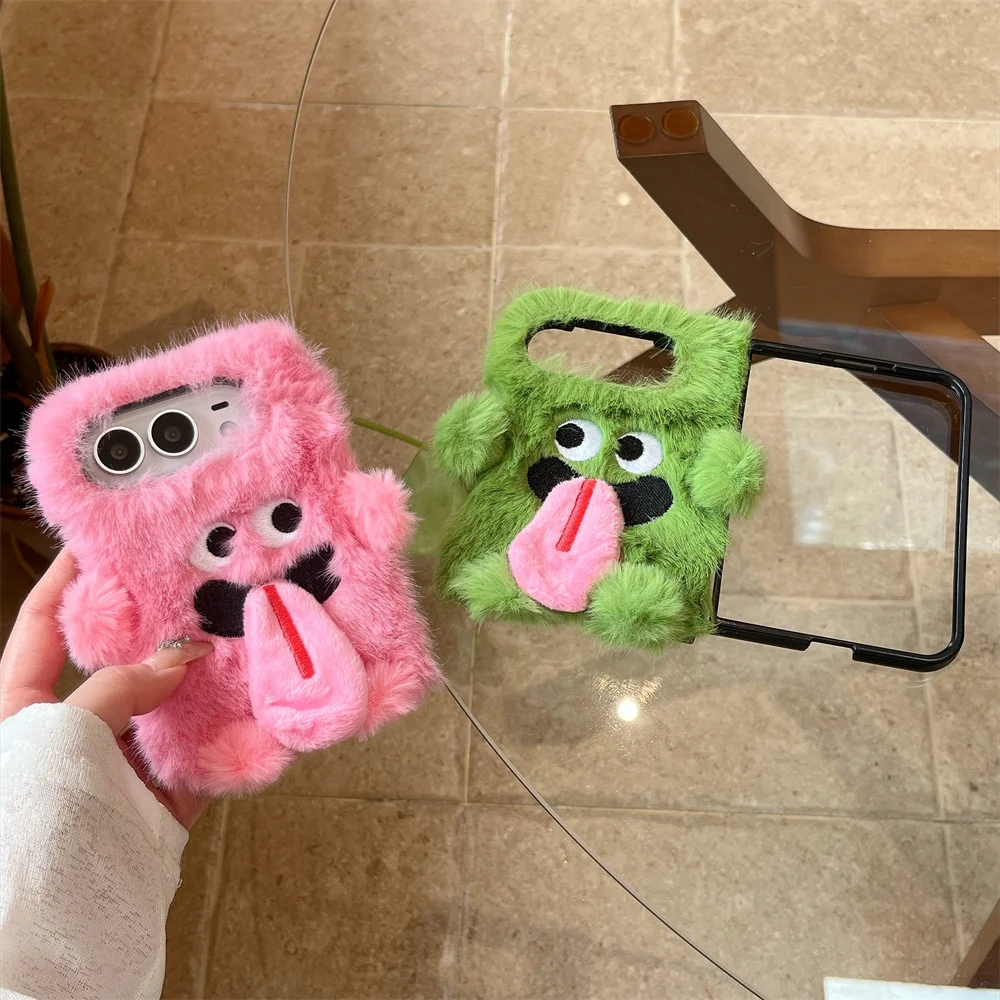 Kawaii Fluffy 3D Cartoon Monster Case For iPhone Ultra Soft Furry Plush Shell Funny Warm Cozy Cute Fashion Phone Shell