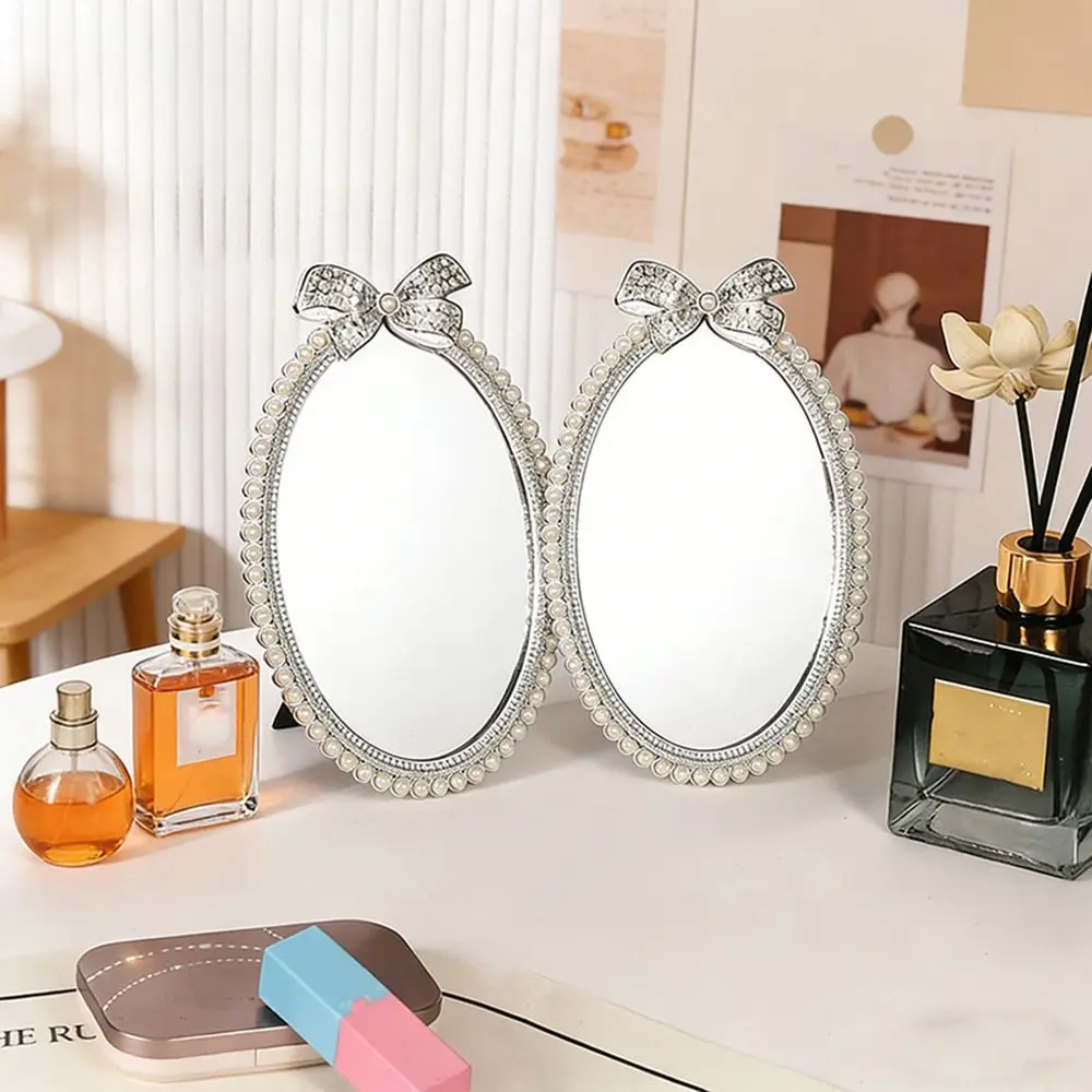 Pearl Bow Makeup Mirror Oval Tabletop Dressing Light Luxury Desktop Touch Up Student Dormitory Beauty Mirror