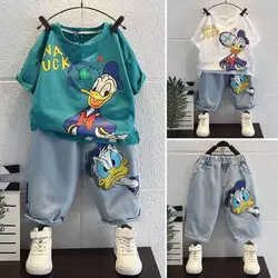 2024 Summer Baby Boys Cotton Clothing Sets Kids Cute Cartoon Donald Duck T-shirt + Jeans 2Pce Suits Childrens Tracksuits Clothes